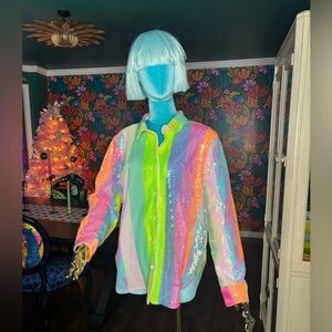 Colorful Neon Sequin Button-Up Shirt